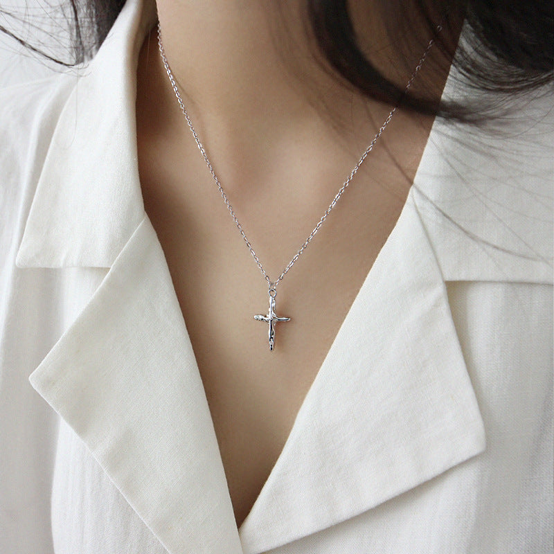 925 Sterling Silver Textured Cross Pendant Necklace
