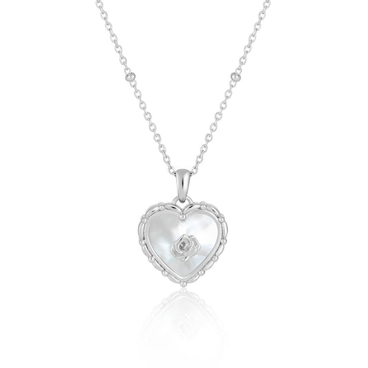 925 Sterling Silver Heart - Shaped Mother - of - Pearl Rose Pendant Necklace