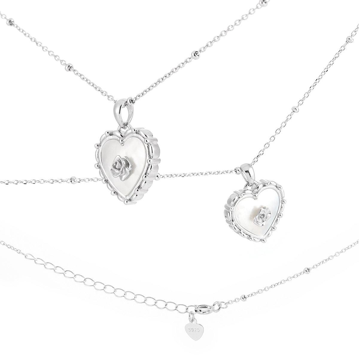 925 Sterling Silver Heart - Shaped Mother - of - Pearl Rose Pendant Necklace