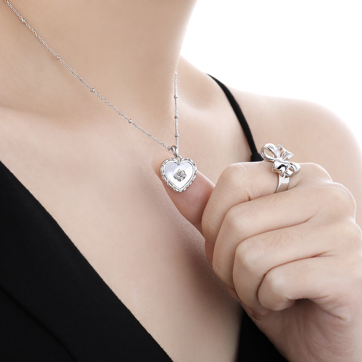 925 Sterling Silver Heart - Shaped Mother - of - Pearl Rose Pendant Necklace