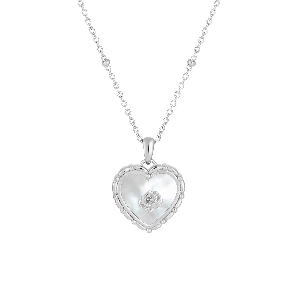 925 Sterling Silver Heart - Shaped Mother - of - Pearl Rose Pendant Necklace