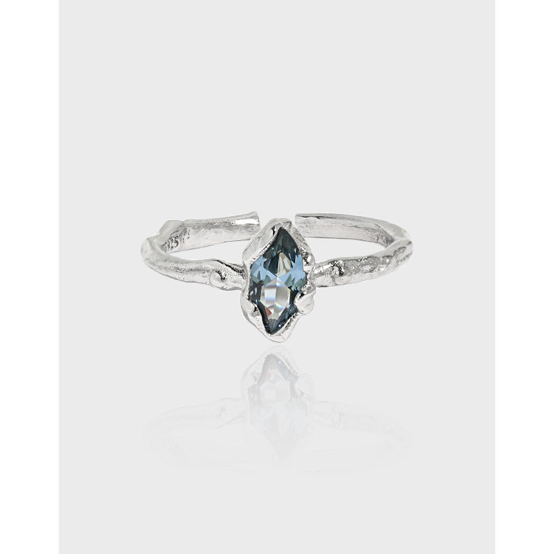 925 Sterling Silver Irregular Marquise - Cut Blue Stone Ring