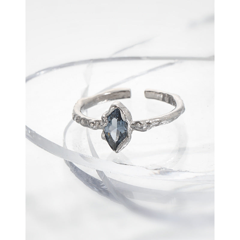 925 Sterling Silver Irregular Marquise - Cut Blue Stone Ring
