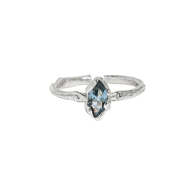 925 Sterling Silver Irregular Marquise - Cut Blue Stone Ring