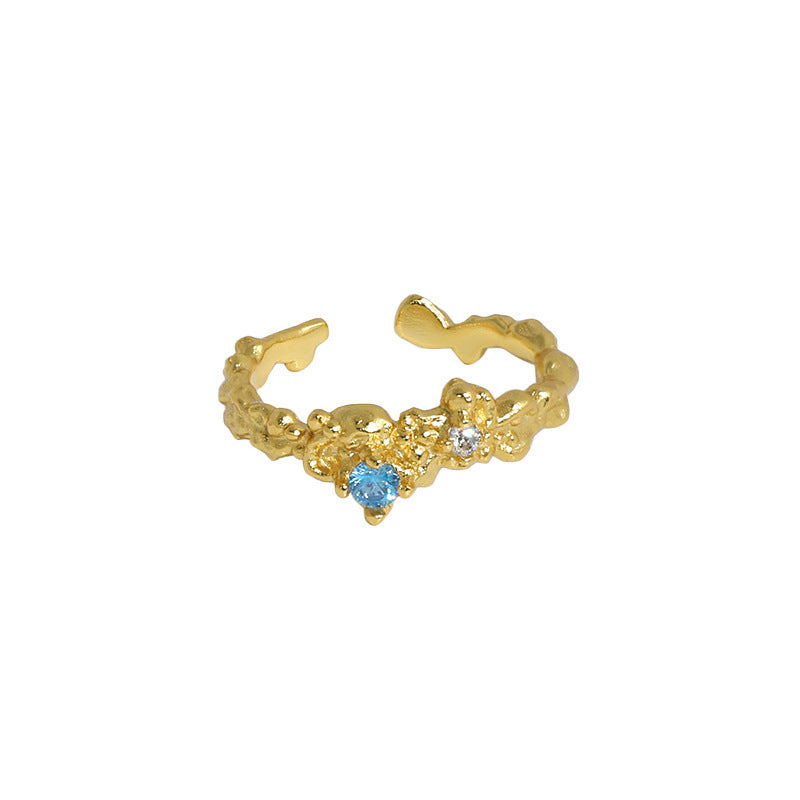 925 Sterling Silver Irregular Open Ring with Blue Zircon