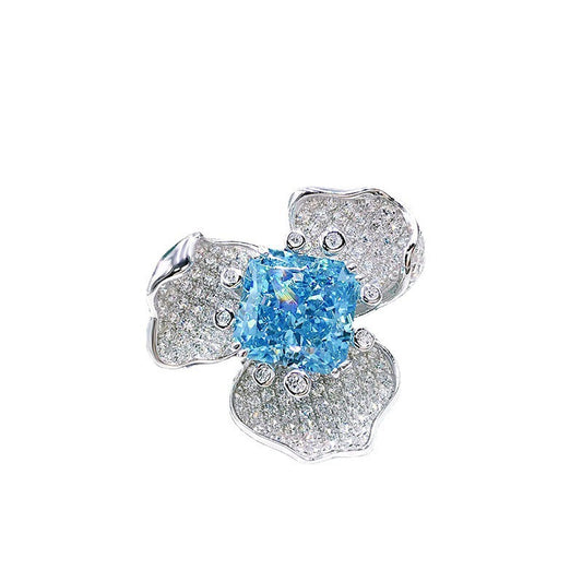 S925 Silver Aquamarine Full Diamond Flower Ring