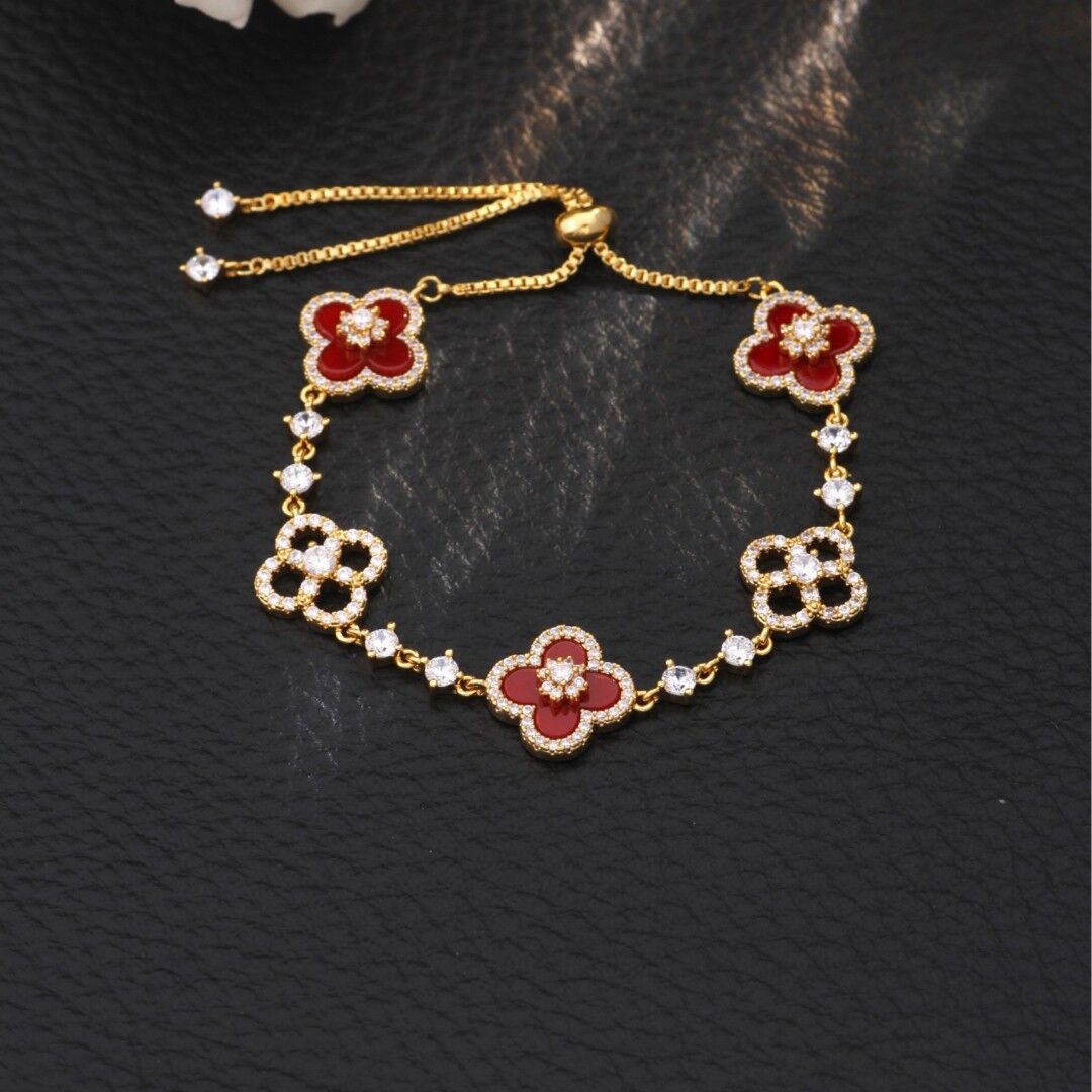 Red Zircon Lucky Four-Leaf Clover Flower Bracelet
