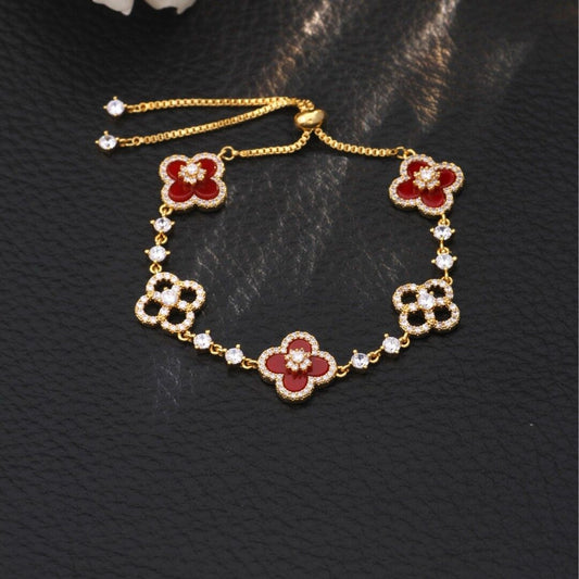 Red Zircon Lucky Four-Leaf Clover Flower Bracelet